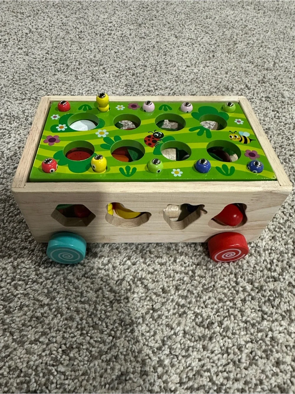 Wooden Pull-Along Shape Sorter Toy in Green and Multicolor